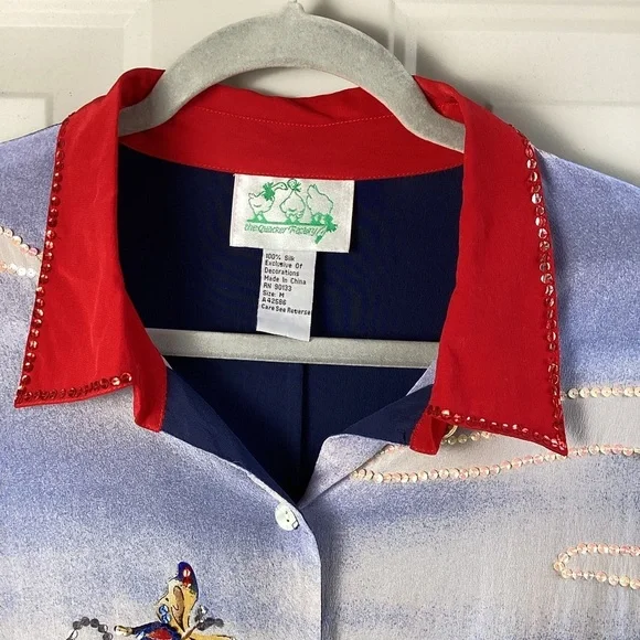 Quaker factory Silk Blue Red embroidered Sequin lighthouse sailboat button-up M - Picture 3 of 9